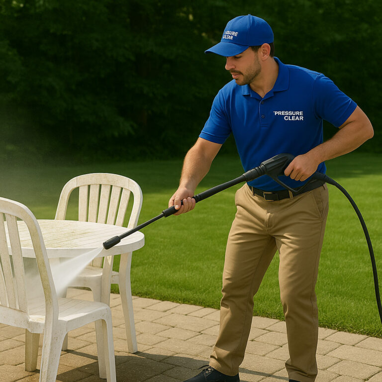 Patio furniture being cleaned by a technician in Sleepy Hollow NY backyard.