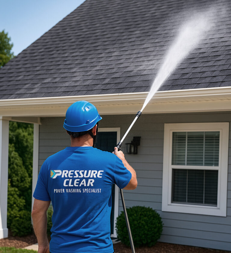 Roof being soft-washed with low pressure wand by technician
