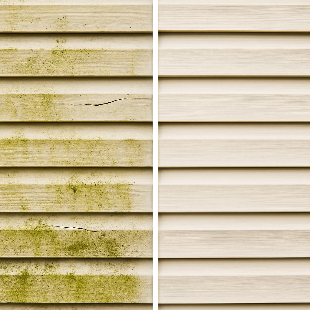 Before and after siding power washing in Eastchester NY showing removal of mold and algae for preventative maintenance