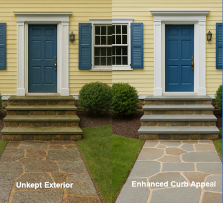 Before and after walkway power washing in Eastchester NY showing transformation from dirty stone to clean surface