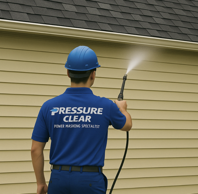 Technician performing soft washing on home siding in Scarsdale NY with safe low-pressure method