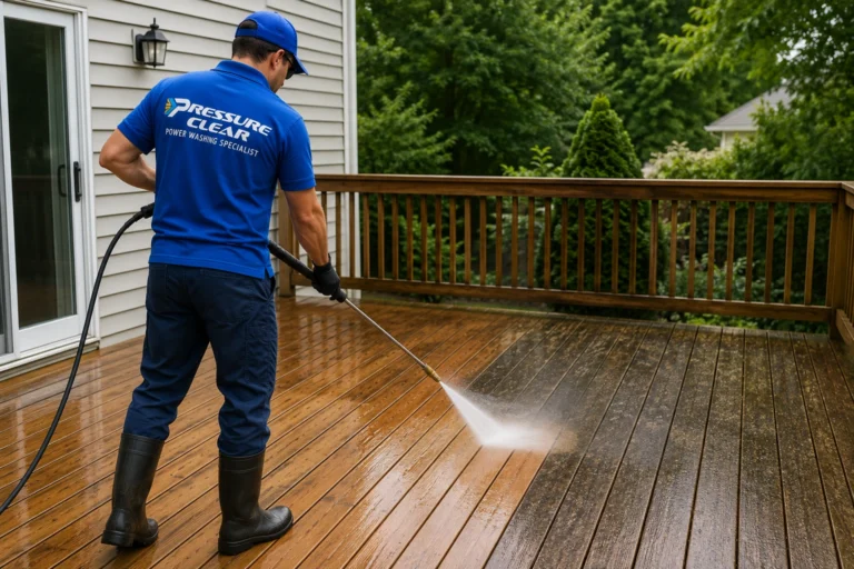 Pressure Clear Power Washing technician cleaning a wooden deck with professional power washing equipment in Briarcliff Manor, NY.