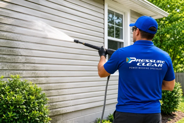 Pressure Clear Power Washing technician soft washing vinyl siding on a Briarcliff Manor, NY home.