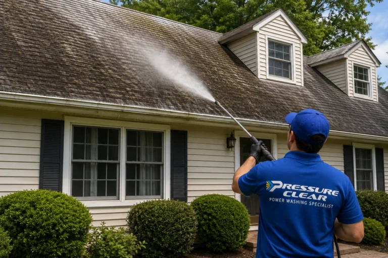 Pressure Clear Power Washing technician applying a soft wash cleaning solution to a dirty asphalt shingle roof from the ground in Briarcliff Manor, NY.