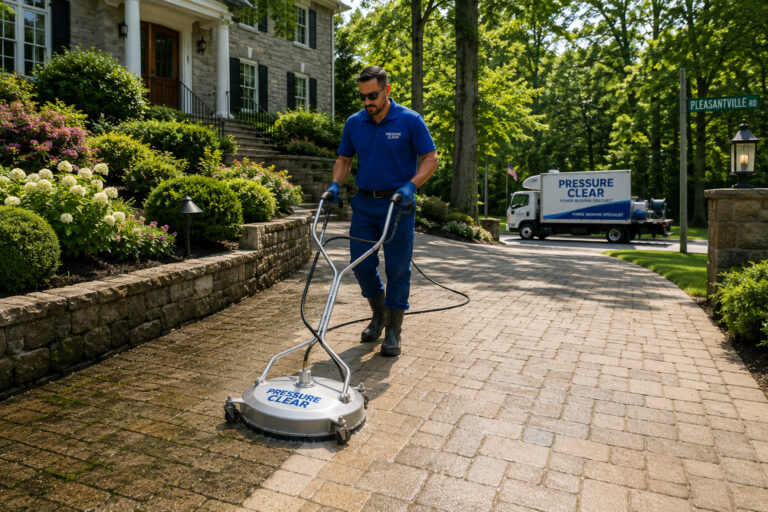 Pressure Clear technician cleaning a Briarcliff Manor NY paver driveway using a professional surface cleaner
