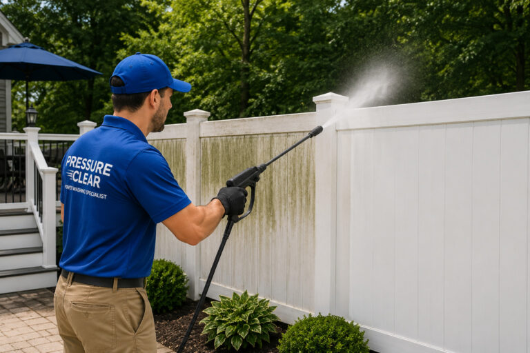 Pressure Clear technician cleaning a vinyl fence at a Briarcliff Manor home using professional power washing equipment