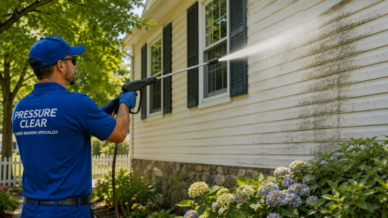 Pressure Clear technician soft washing vinyl siding at a Briarcliff Manor NY home
