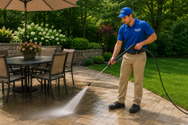 Pressure Clear technician cleaning a Briarcliff Manor patio and outdoor living space with professional power washing equipment