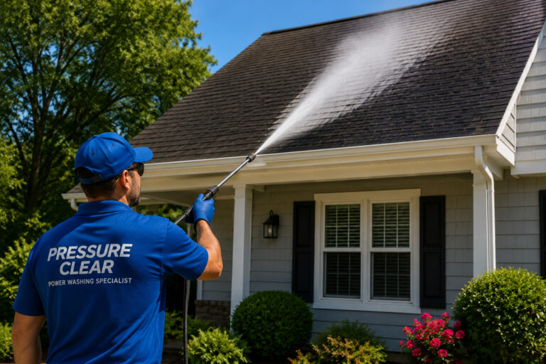Pressure Clear technician performing soft roof washing on a Briarcliff Manor NY home to remove algae and black streaks