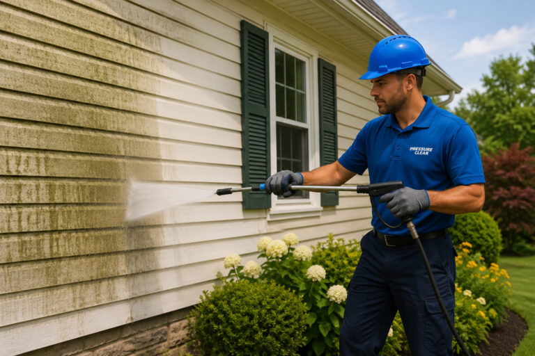 Pressure Clear technician performing soft washing on a Briarcliff Manor home's exterior siding to remove algae and organic buildup