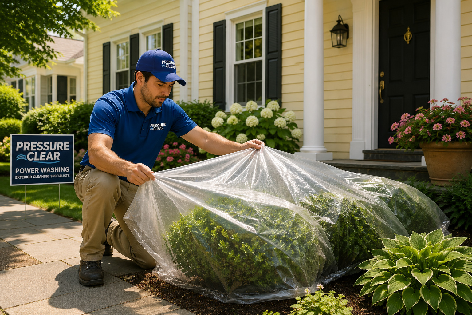 Pressure Clear technician protecting shrubs with plastic covering before power washing a Briarcliff Manor NY home