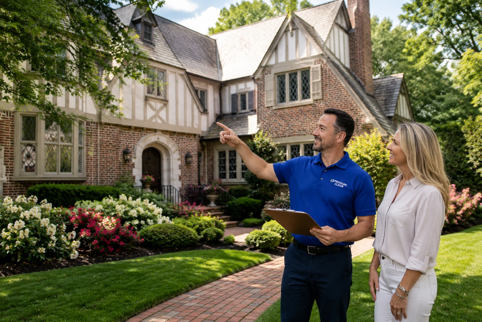 Pressure Clear technician providing a free exterior cleaning estimate to a Bronxville homeowner in front of a Tudor-style home.