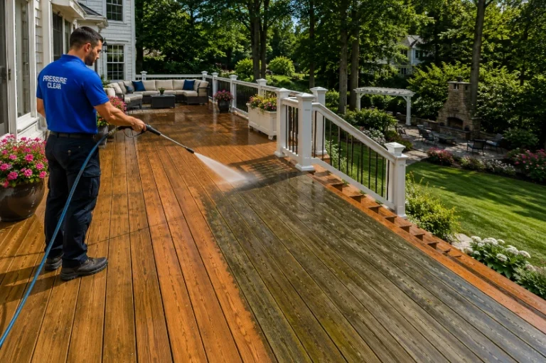 Pressure Clear technician professionally cleaning a premium wood deck at a luxury Bronxville, NY home, revealing a dramatic before-and-after restoration.