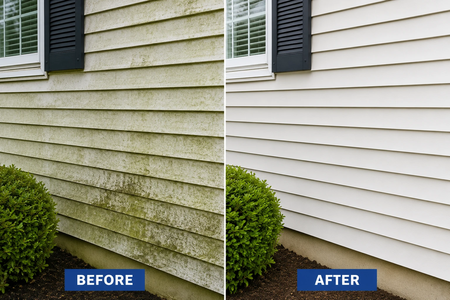 Before and after vinyl siding cleaning showing removal of dirt mold and algae from a Westchester County home