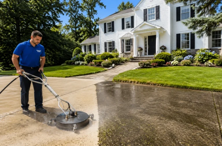 Pressure Clear technician professionally cleaning a concrete driveway with a commercial surface cleaner at a luxury home in Bronxville, NY.