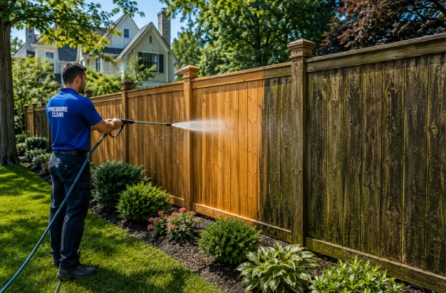 Pressure Clear technician professionally cleaning a cedar privacy fence at a luxury Bronxville, NY home, revealing a dramatic before-and-after transformation.