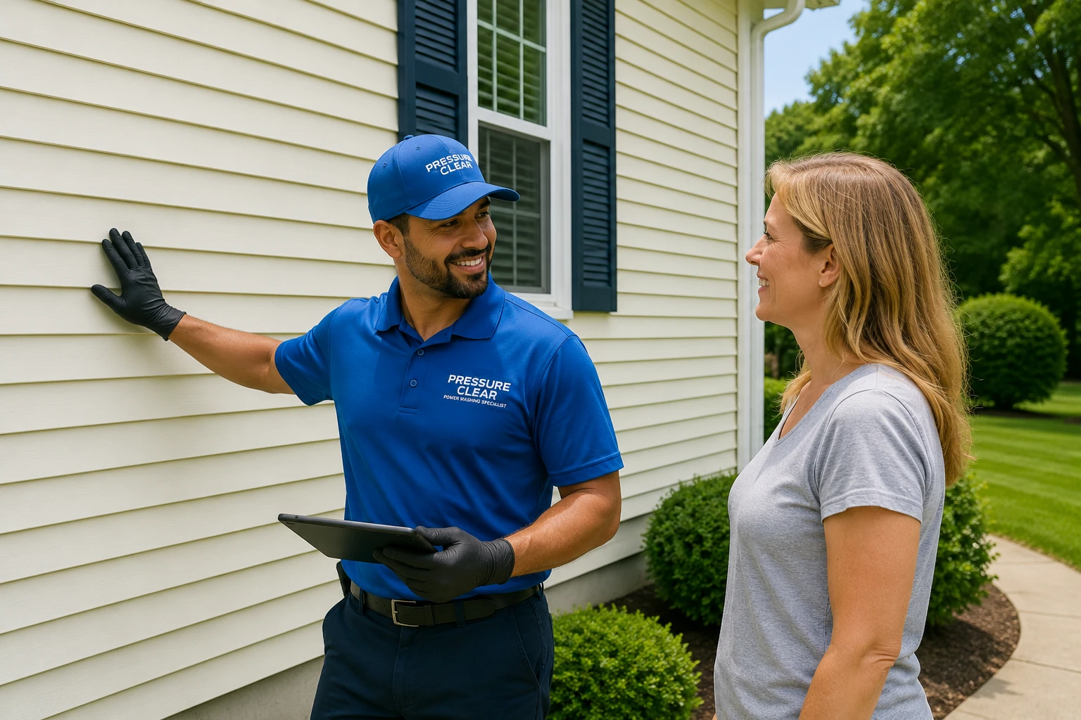 Pressure Clear technician reviewing completed vinyl siding cleaning project with homeowner in Westchester County NY