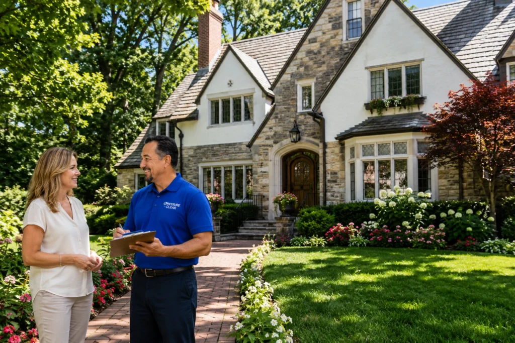 Pressure Clear technician providing a free exterior cleaning estimate to a homeowner at a beautiful Tudor home in Bronxville, NY.
