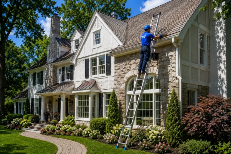 Pressure Clear technician professionally cleaning gutters from an extension ladder at a luxury Bronxville, NY home.