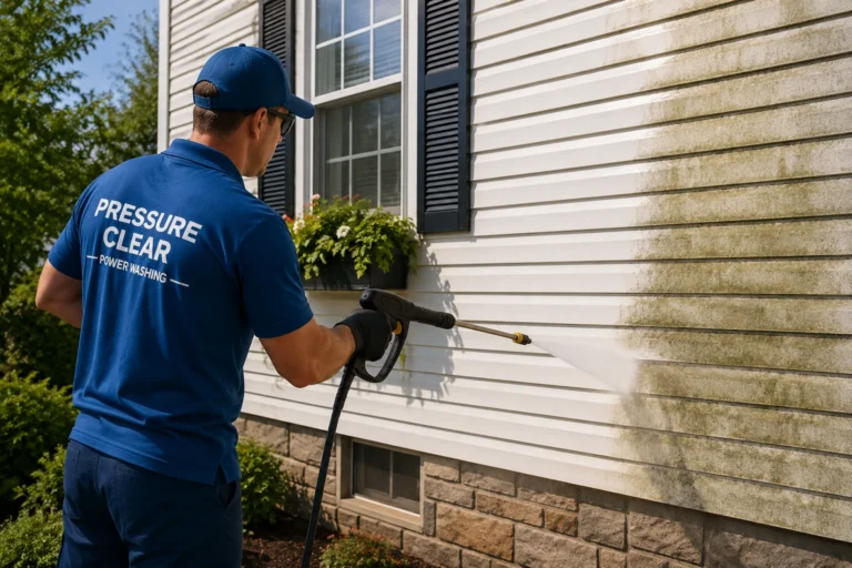 Technician soft washing the exterior siding of a home in Tarrytown NY