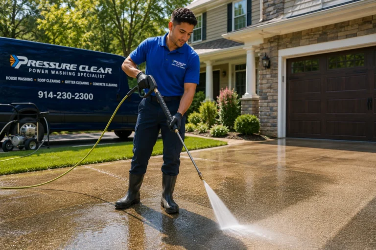 Pressure Clear Power Washing technician professionally cleaning a residential concrete driveway in Ossining, NY using commercial-grade power washing equipment.