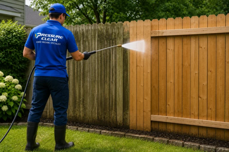 Pressure Clear Power Washing technician professionally cleaning a residential wood privacy fence in Ossining, NY, removing dirt, algae, mildew, and weathering.
