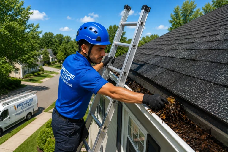 Pressure Clear Power Washing technician cleaning debris from a residential gutter while working safely from an extension ladder in Ossining, NY.