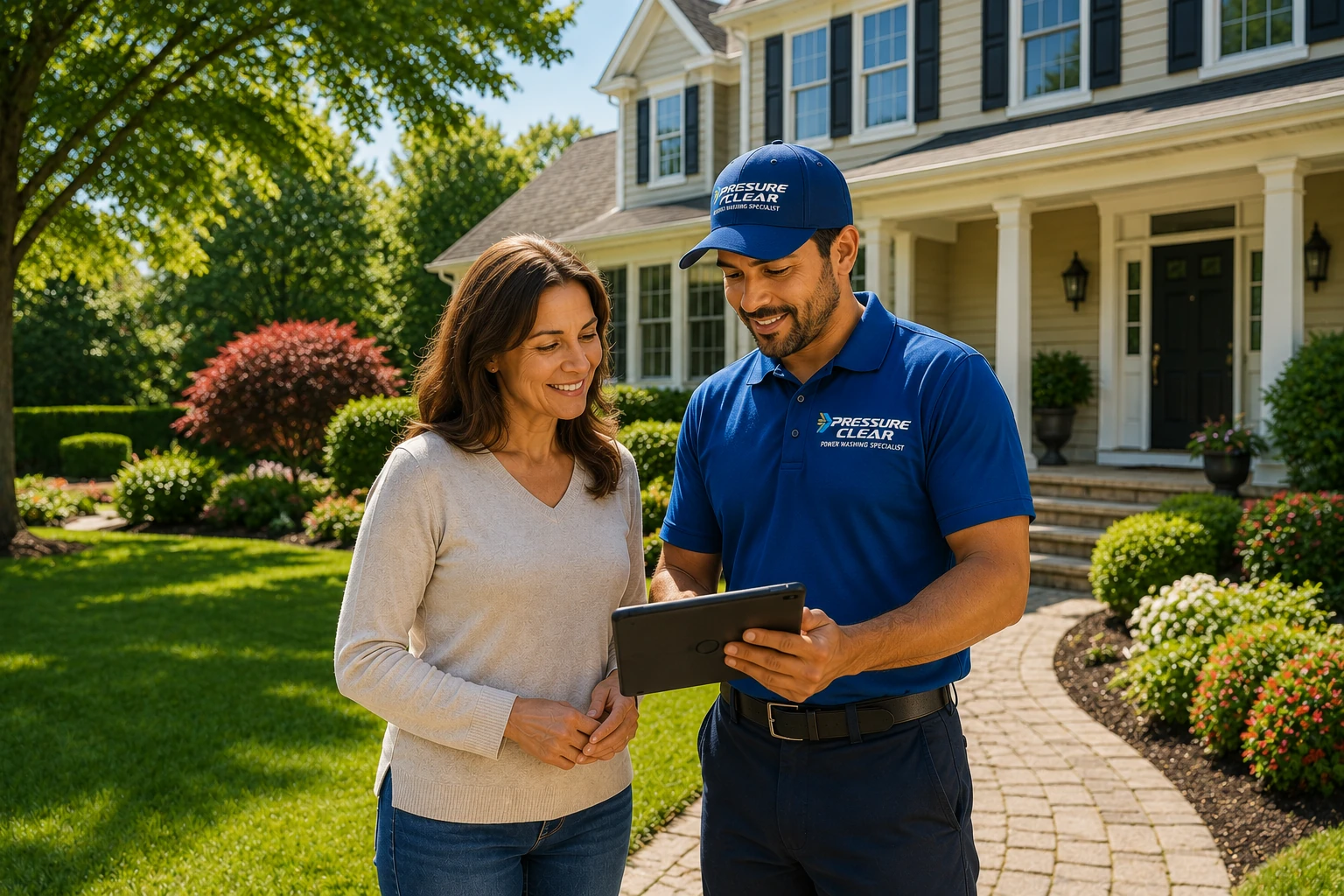 Pressure Clear Power Washing technician reviewing a home's exterior cleaning plan with a homeowner in Ossining, NY before beginning professional power washing services.