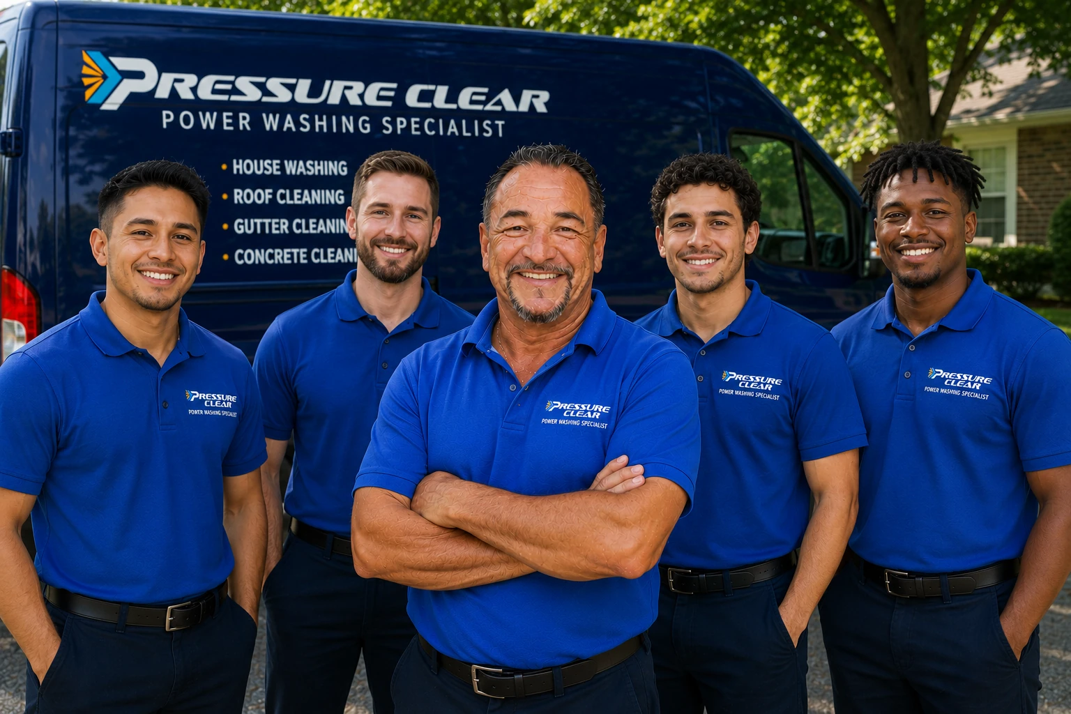 Pressure Clear Power Washing team in Ossining NY standing in front of branded service van