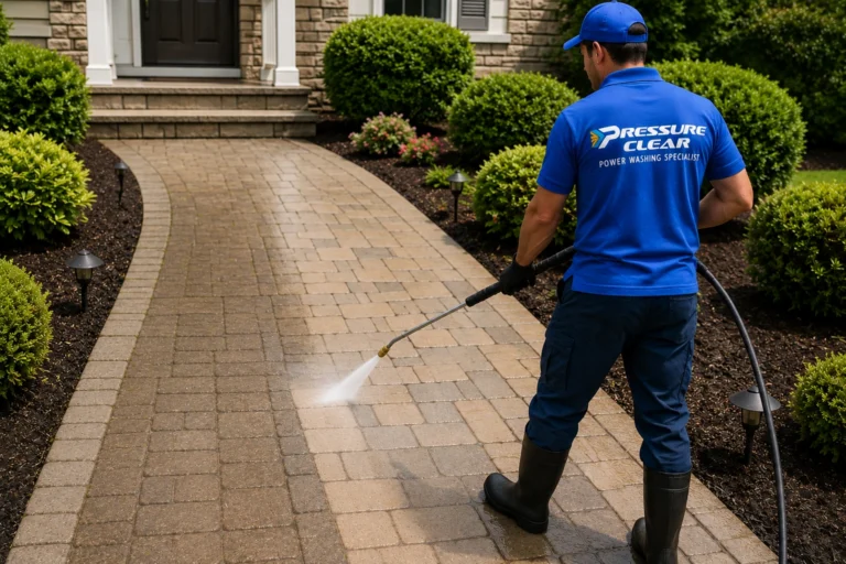 Pressure Clear Power Washing technician professionally cleaning a residential paver walkway in Ossining, NY, removing light dirt, algae, and surface grime.