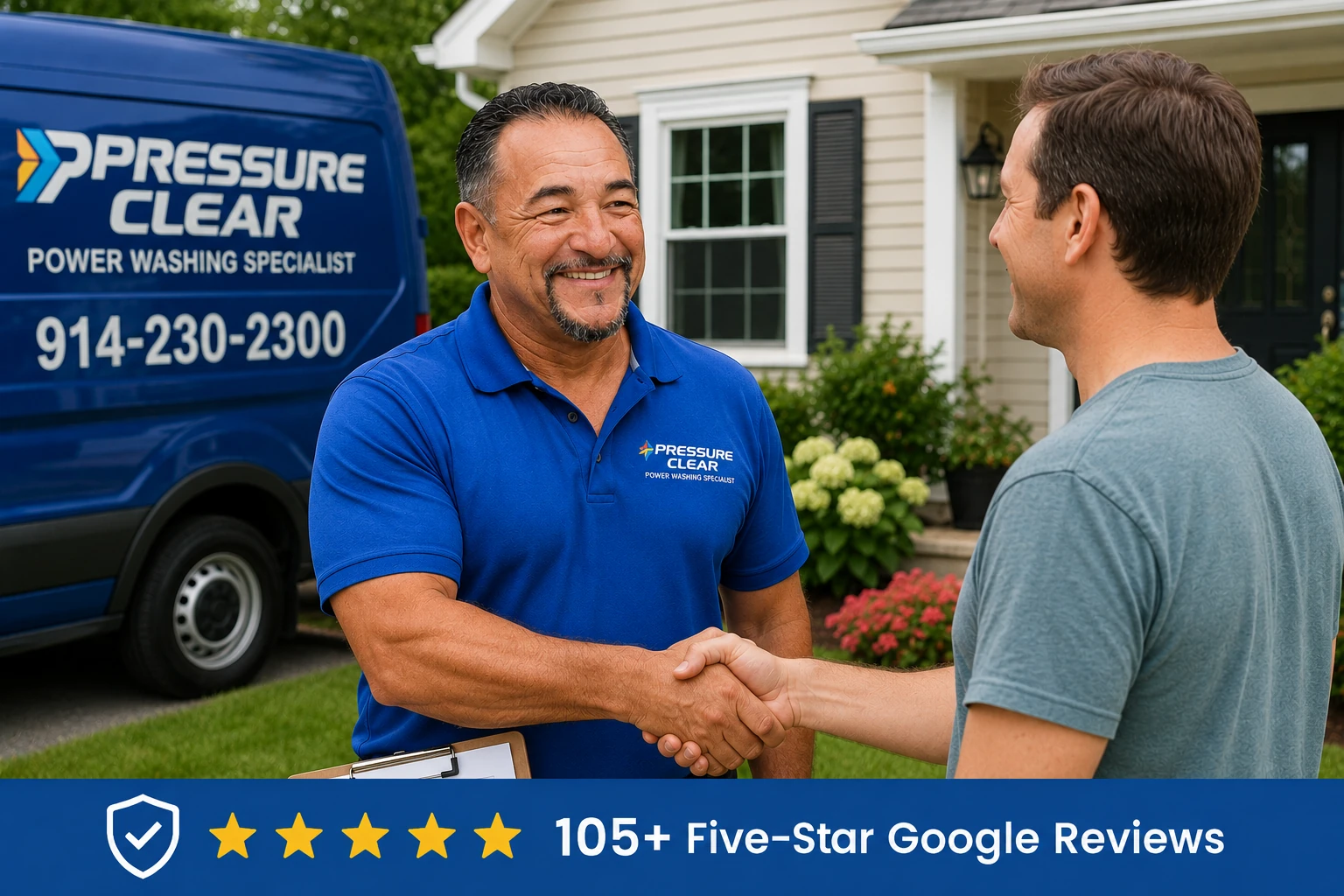 Happy homeowner shaking hands with Pressure Clear Power Washing after completing a professional vinyl siding cleaning service in Westchester County NY.
