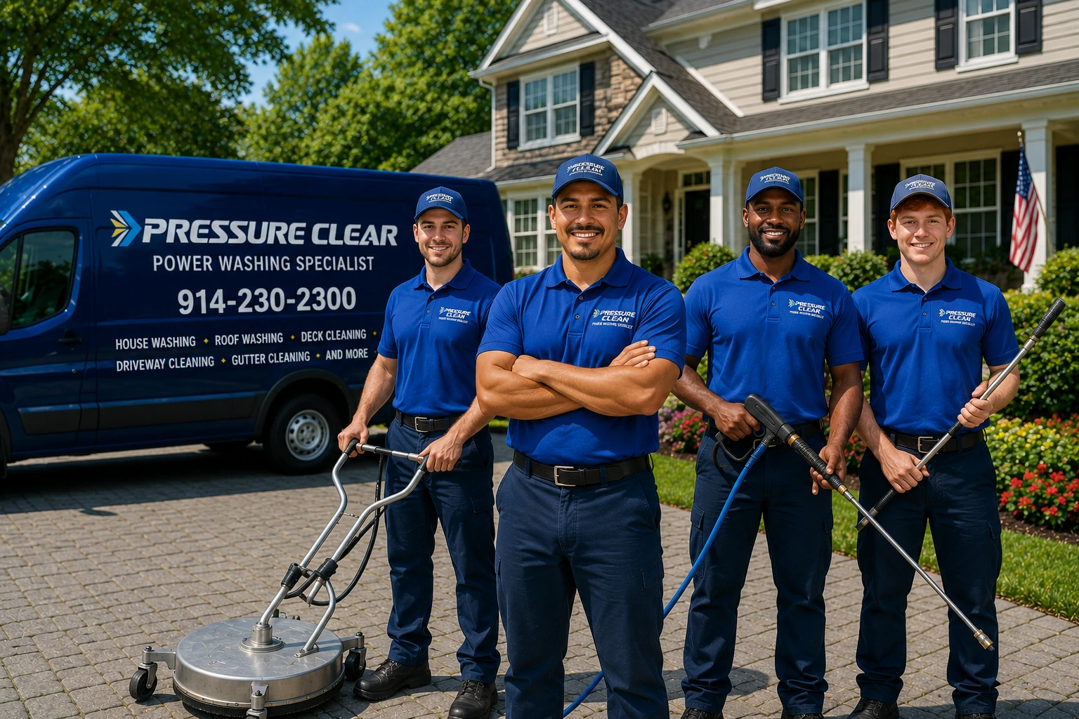 Pressure Clear Power Washing team of professional exterior cleaning specialists standing in front of a branded service van and a beautiful Westchester County home.