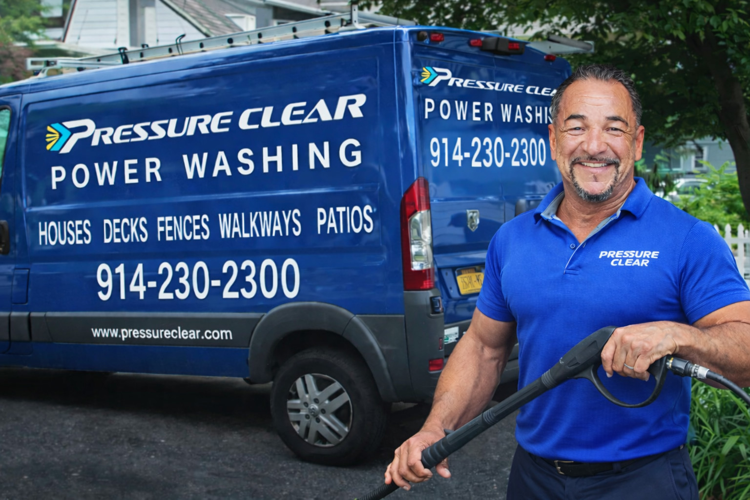 Mario Perez of Pressure Clear Power Washing standing beside the company service van providing professional exterior cleaning services in White Plains NY.