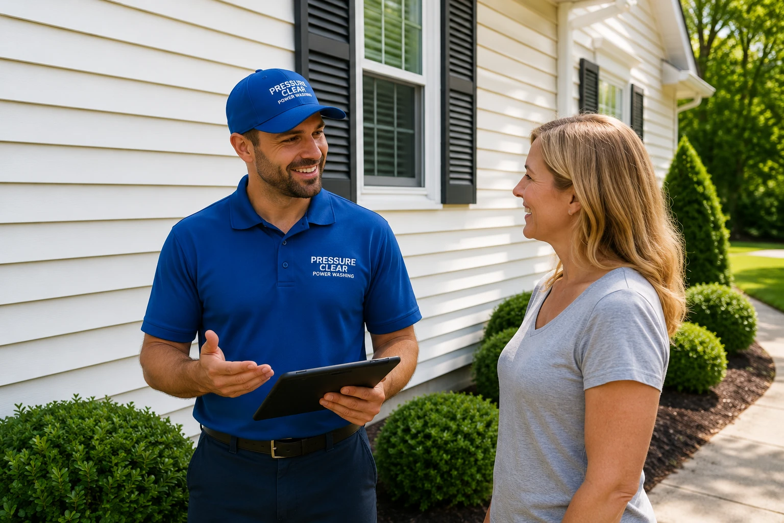 Pressure Clear Power Washing technician discussing professional soft washing services with a homeowner beside a clean vinyl siding home in Tarrytown NY