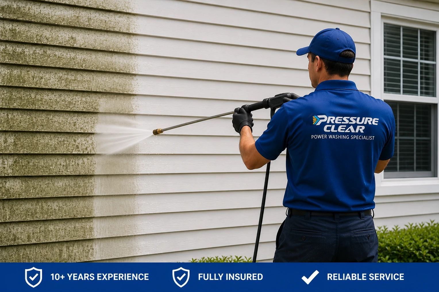 Pressure Clear Power Washing technician professionally soft washing vinyl siding on a Westchester County home using a safe low-pressure cleaning system.
