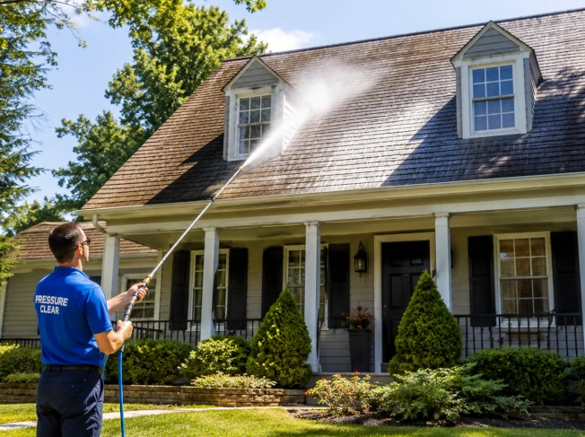 Pressure Clear technician performing professional soft roof washing on an upscale home in Bronxville, NY using a long extension wand from the ground.