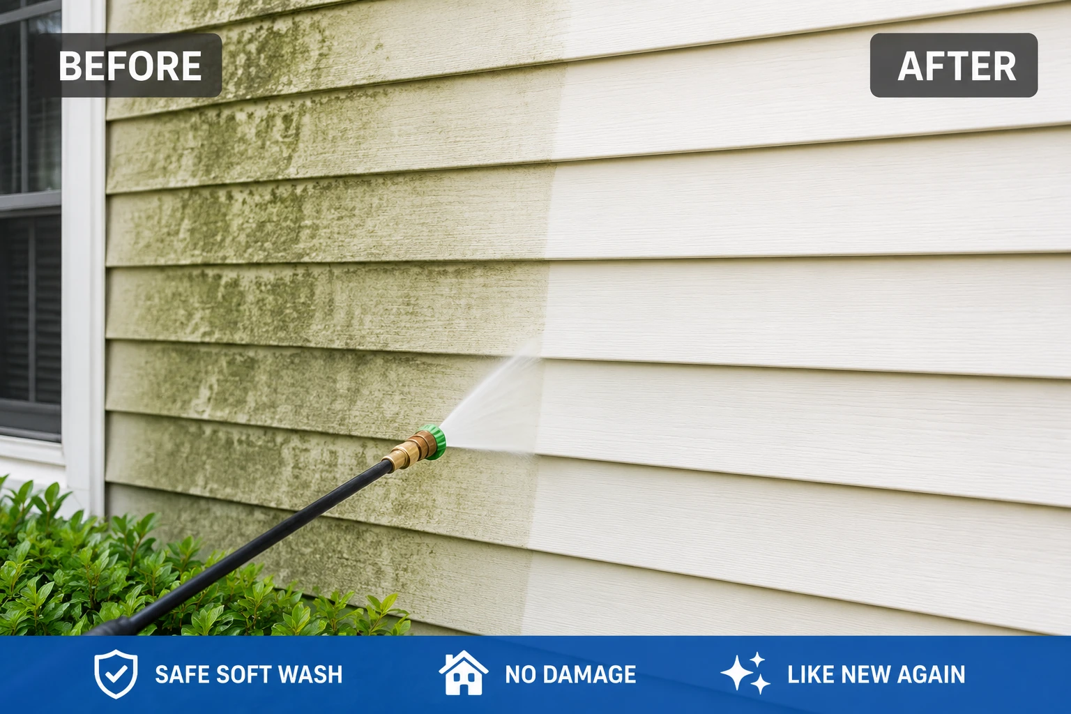 Before and after comparison showing professional soft wash vinyl siding cleaning removing mold, algae, and mildew from a Westchester County home.