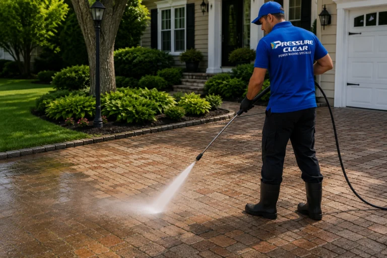 Professional driveway and sidewalk cleaning services in Sleepy Hollow NY restoring paver driveways with commercial pressure washing equipment.