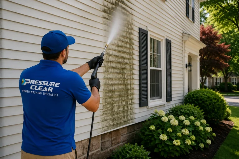 Professional house washing services in Sleepy Hollow NY removing algae and mildew from vinyl siding with soft washing.