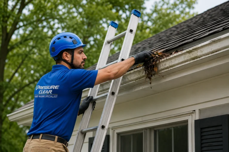 Pressure Clear technician cleaning rain gutters from an extension ladder in Sleepy Hollow NY