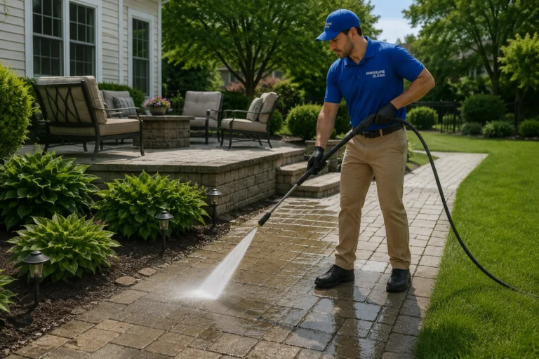 Professional Pressure Clear technician power washing a backyard paver walkway and patio in Sleepy Hollow, NY.