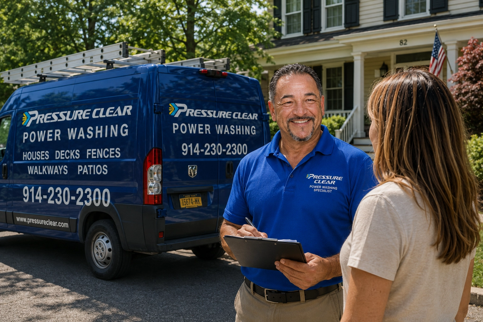 Pressure Clear Power Washing owner providing a free exterior cleaning estimate to a homeowner in Sleepy Hollow NY beside a branded service van.