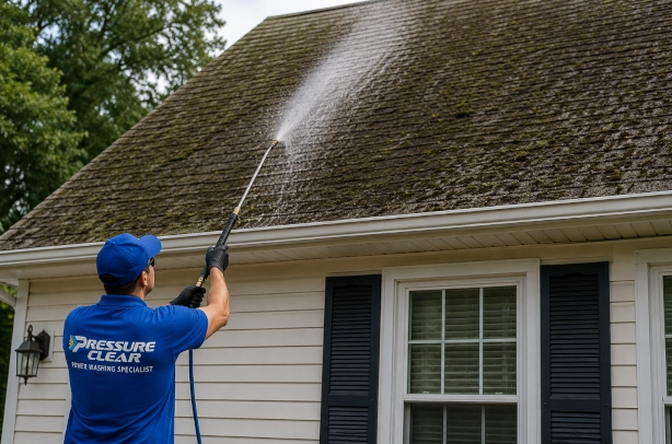 Professional roof cleaning services in Sleepy Hollow NY using a soft wash system to safely remove algae, moss, and black roof streaks.