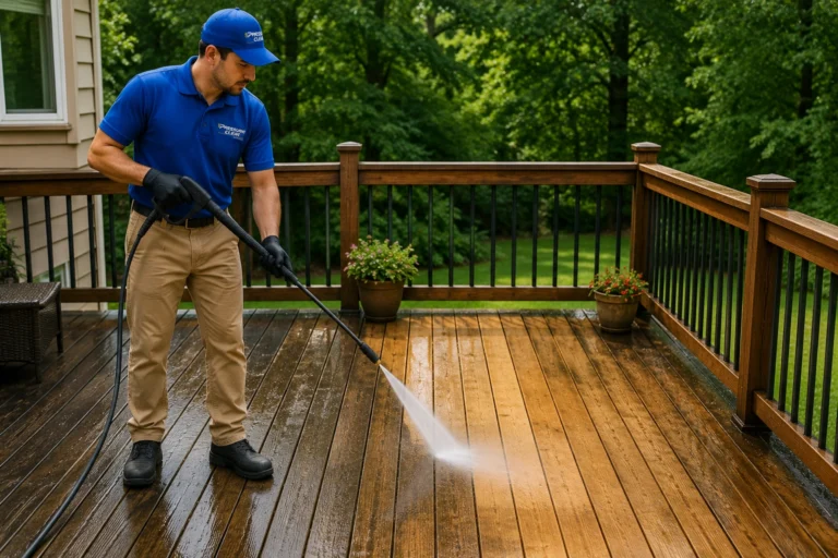 Pressure Clear technician power washing a wooden deck in Sleepy Hollow, NY.