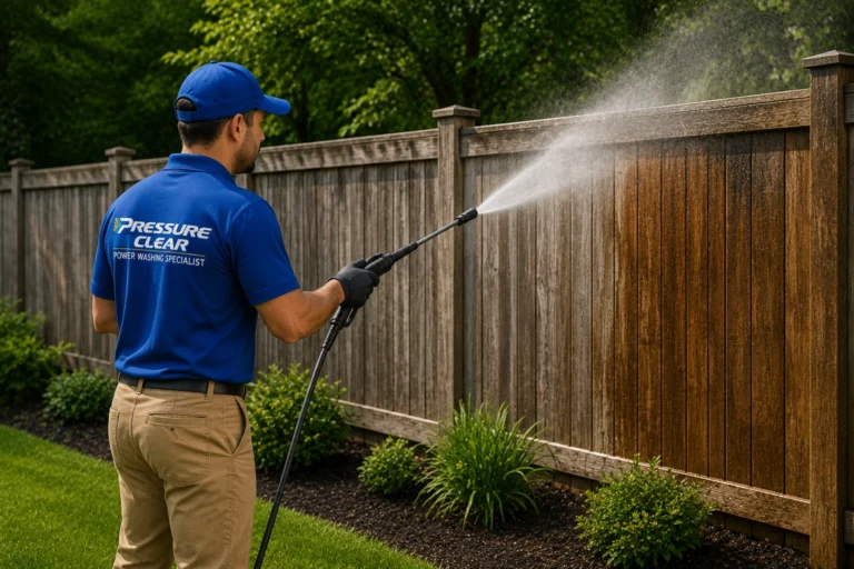 Pressure Clear technician power washing a wooden fence in Sleepy Hollow, NY.