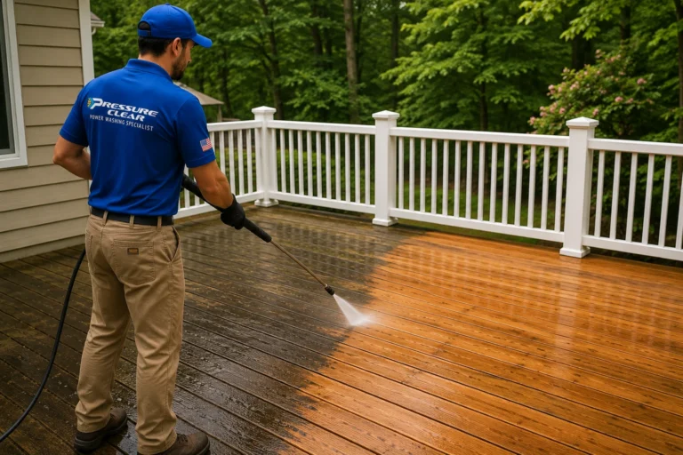 Pressure Clear technician power washing a residential wood deck in Tarrytown, NY, restoring natural wood by removing dirt, algae, mildew, and weather staining.