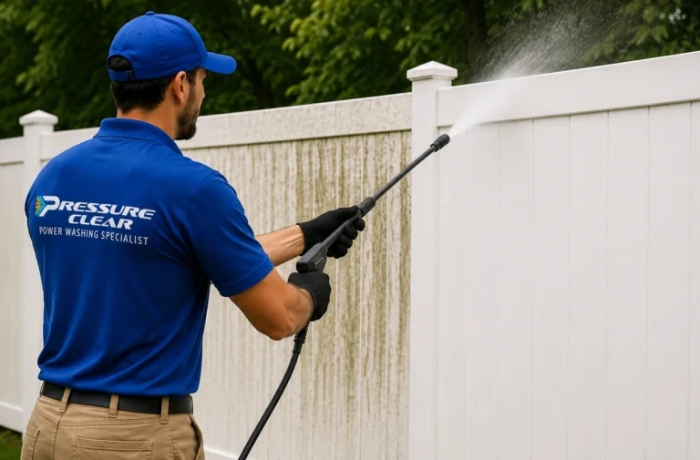 Pressure Clear technician power washing a white vinyl fence in Tarrytown, NY, removing algae, mildew, dirt, and grime to restore a like-new appearance.