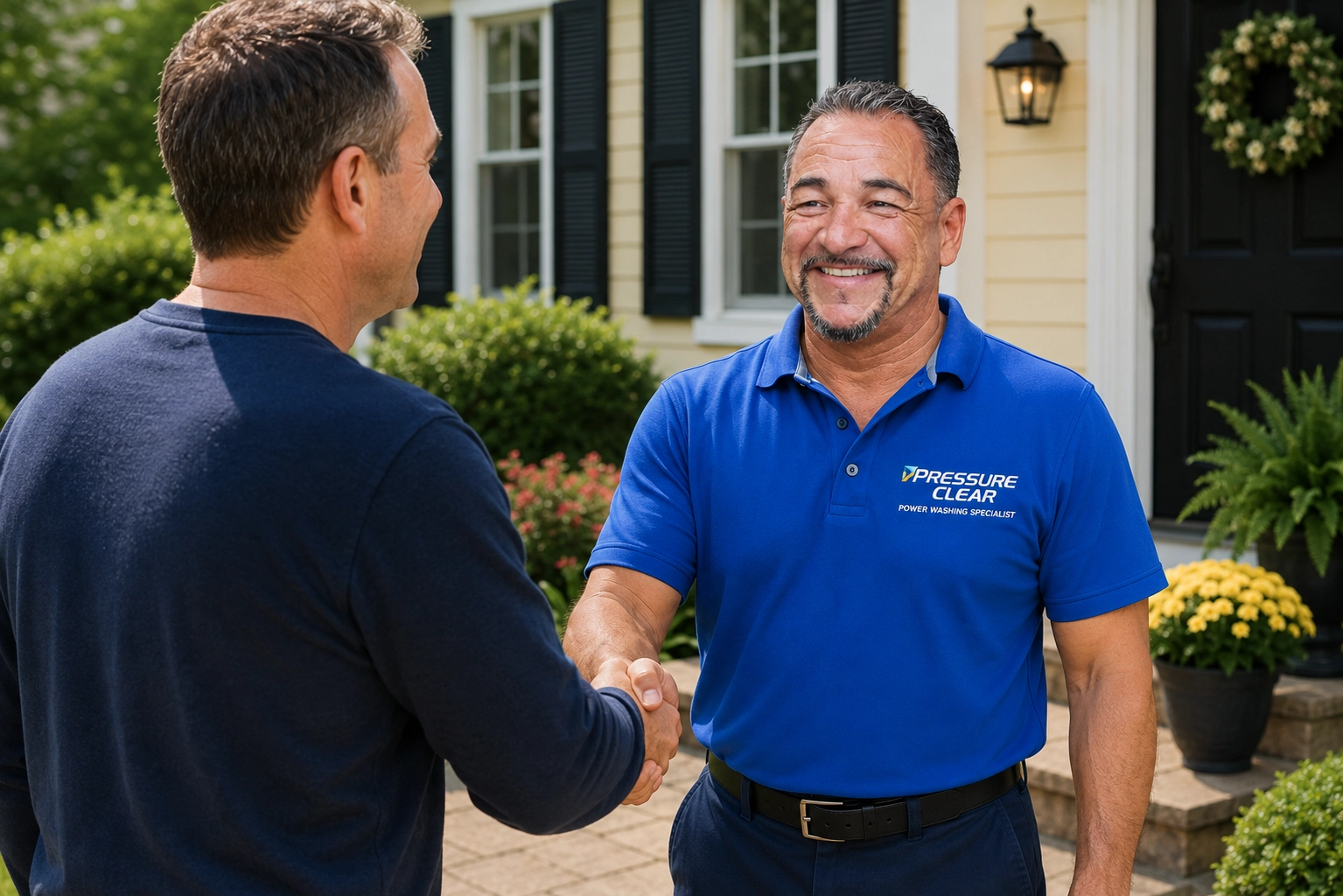 Mario Perez, owner of Pressure Clear, greeting a homeowner before providing professional power washing services in Tarrytown, NY.
