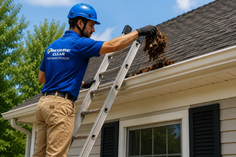Pressure Clear technician safely cleaning residential gutters in Tarrytown, NY by removing leaves, twigs, and debris to restore proper water flow.