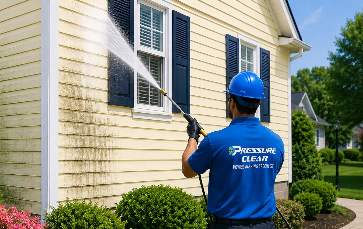 Pressure Clear technician power washing pale yellow vinyl siding on a home in Tarrytown, NY to safely remove algae, mildew, dirt, and organic staining.